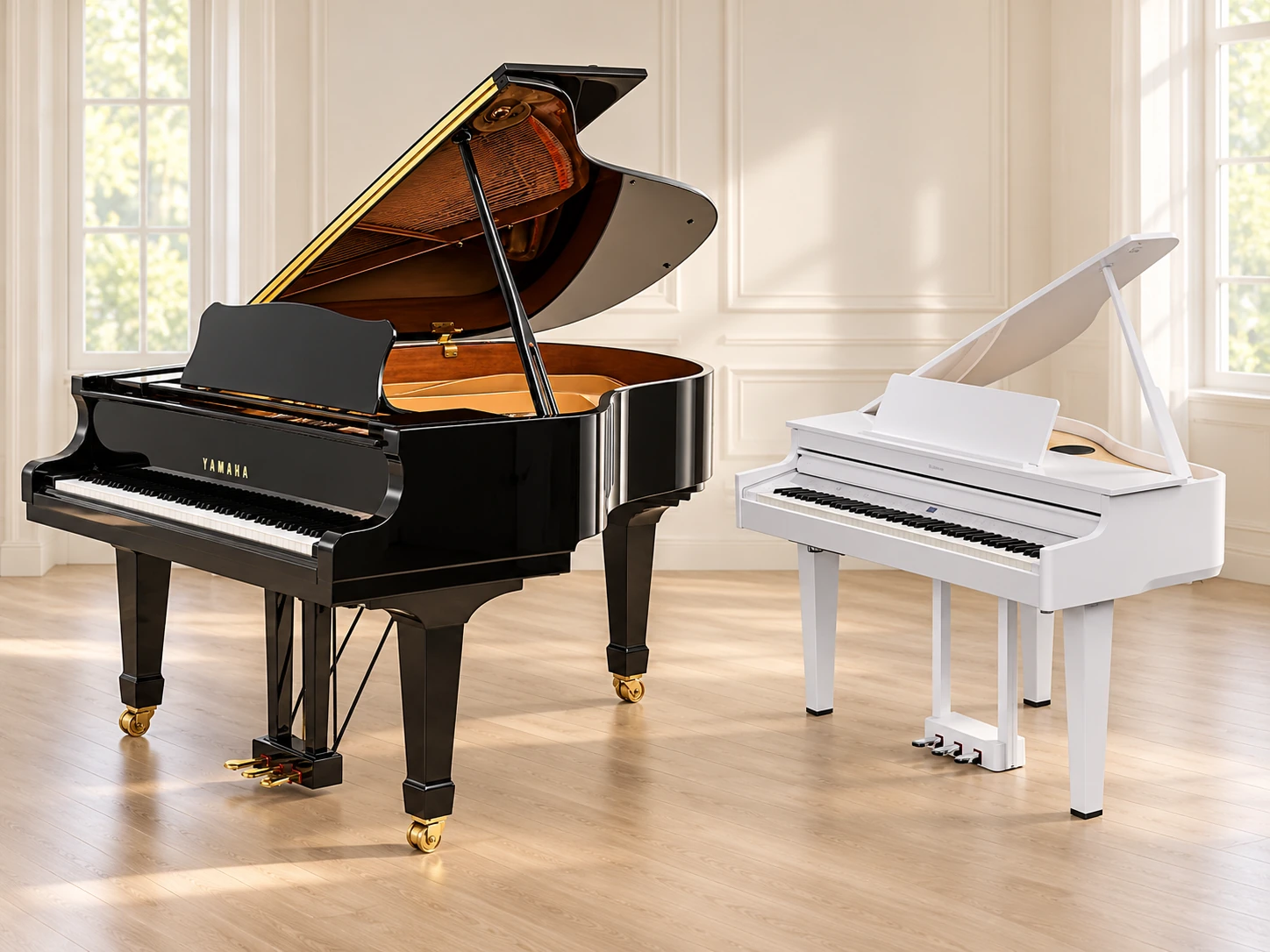Acoustic grand and digital grand pianos together in a bright interior