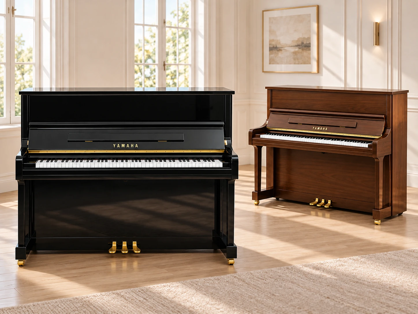 Black and brown acoustic upright pianos together in a bright interior