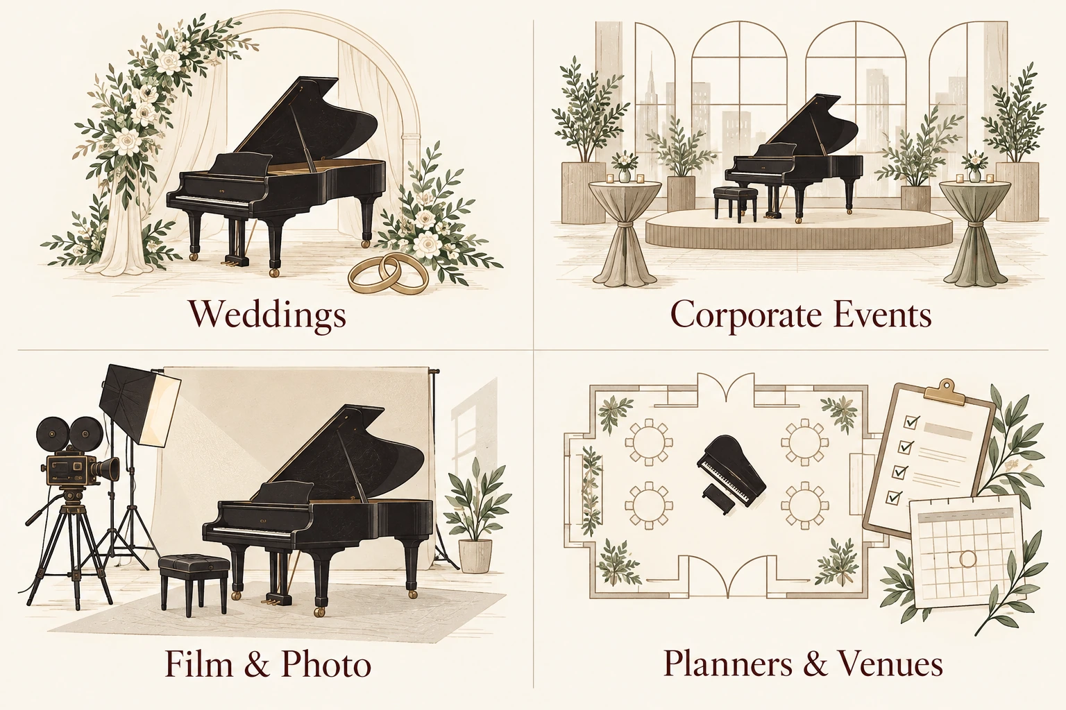 Illustration of a black grand piano beneath a floral wedding arch with wedding rings