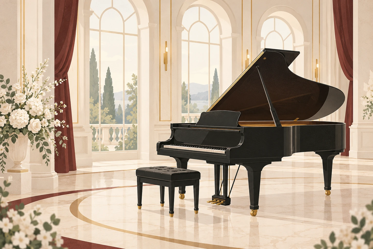 Illustration of a grand piano and bench in a wedding setting with arched windows