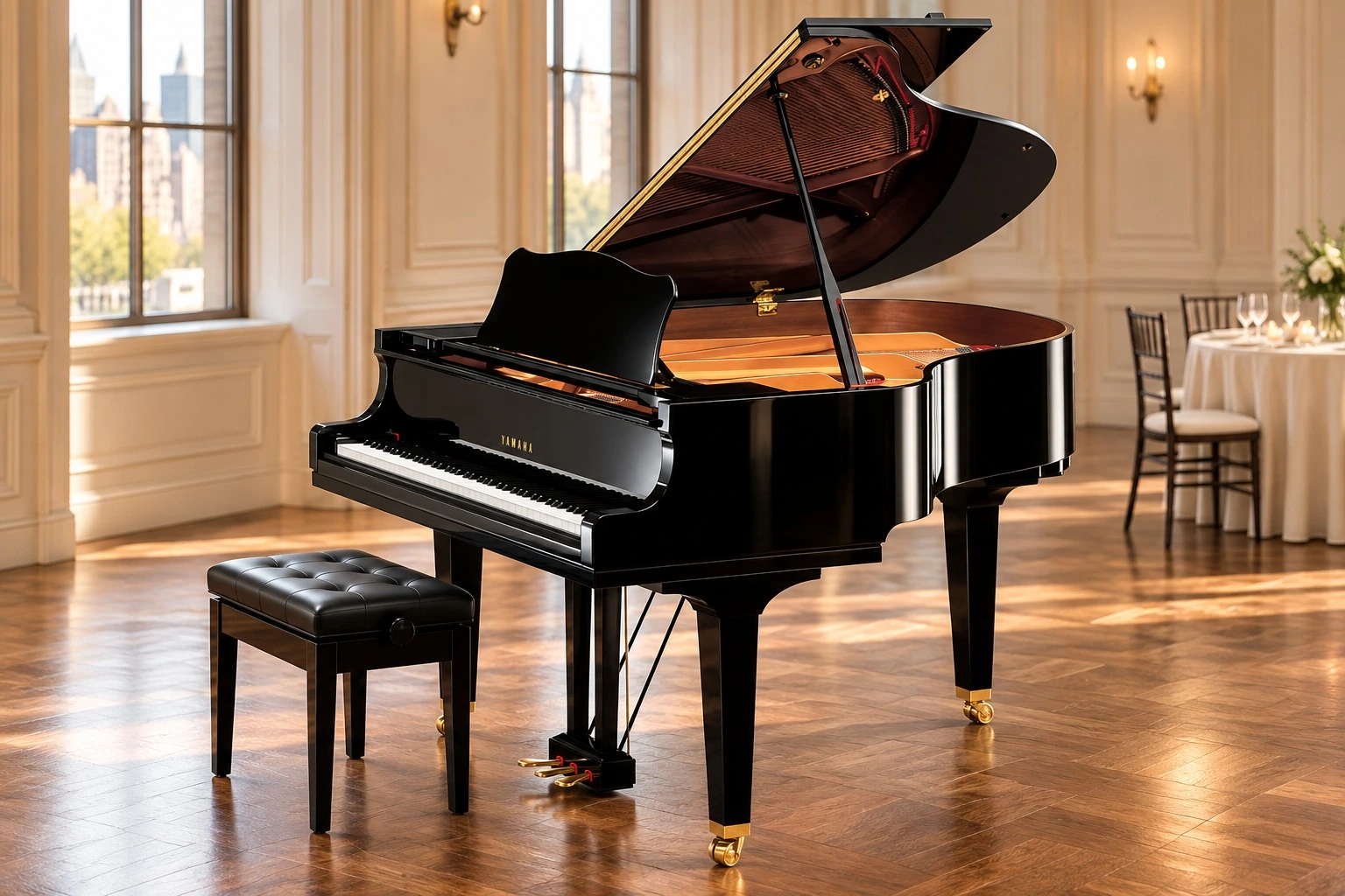 Black Yamaha grand piano and bench in a digitally staged event interior